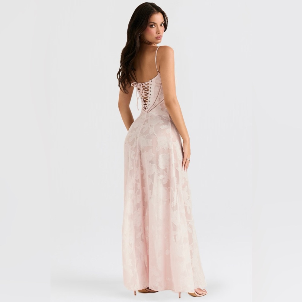 HOUSE OF CB ‘Seren’ Soft Pink Floral Lace Back Maxi Dress - Picture 2 of 7